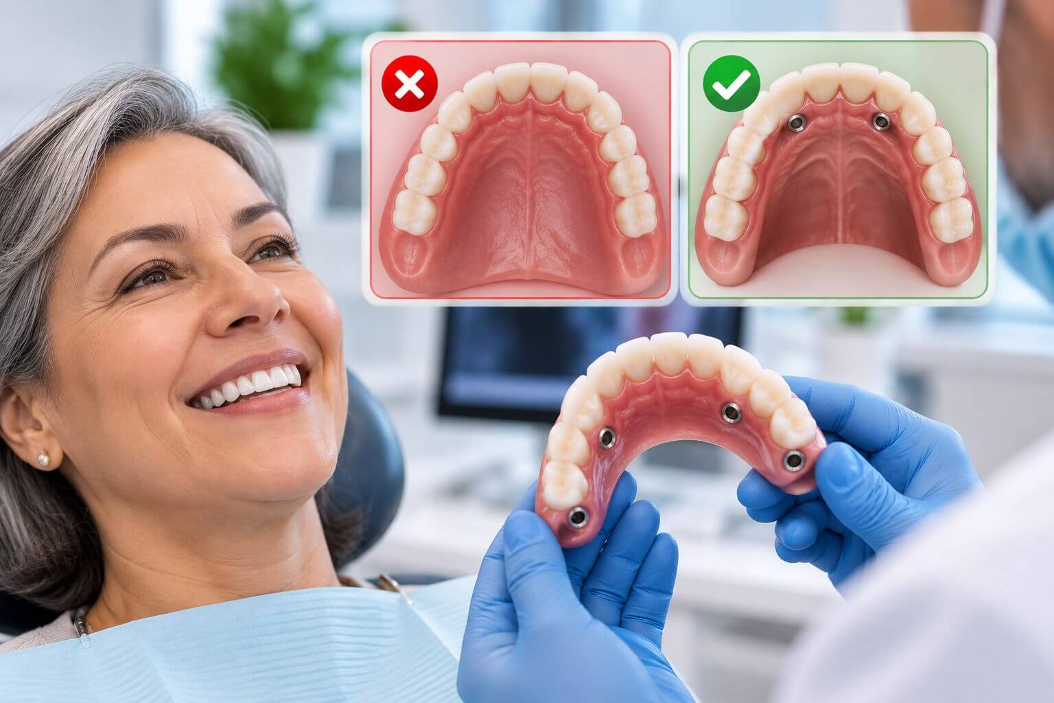 Paciente sorrindo na Só Riso Odontologia em Patos de Minas enquanto o dentista mostra uma prótese protocolo fixa sobre implantes.